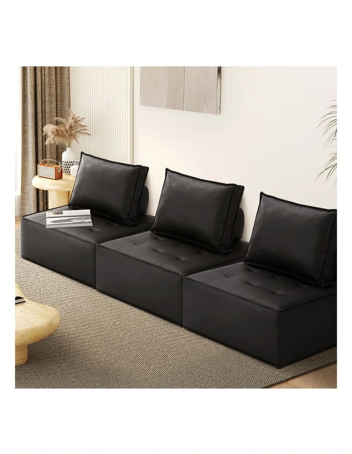 Oikiture 3PC Modular Sofa Lounge Chair Armless TOFU Back PU Leather Black image 4