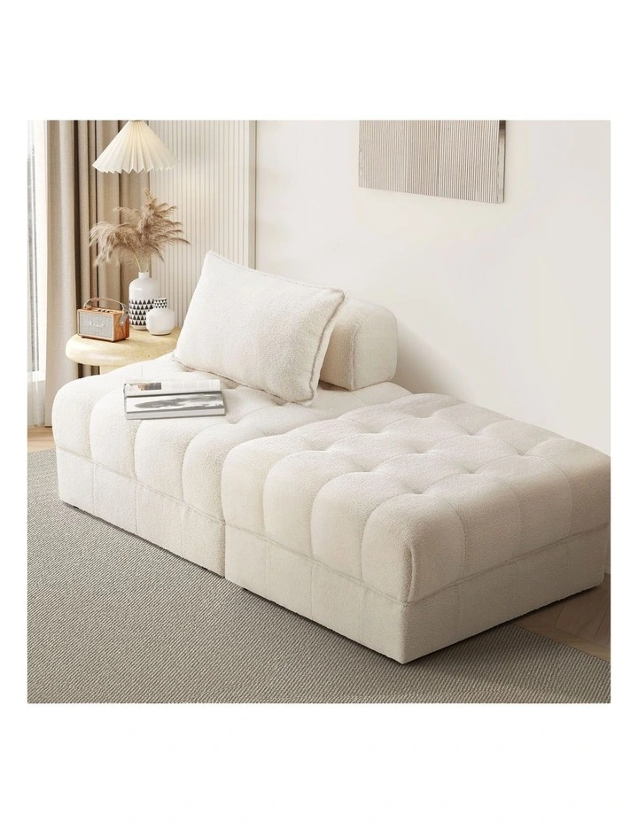 Oikiture 2 Seater Boucle Modular Sofa & Ottoman Set Armless TOFU Back White image 4