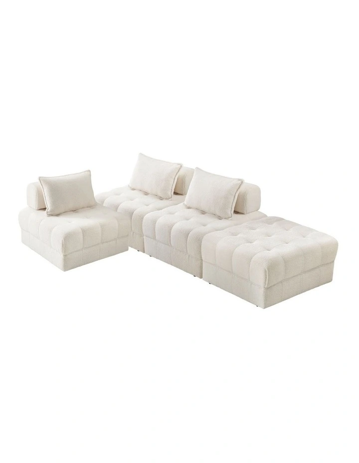 Oikiture 4 Seater Boucle Modular Sofa & Ottoman Set Armless TOFU Back White image 1