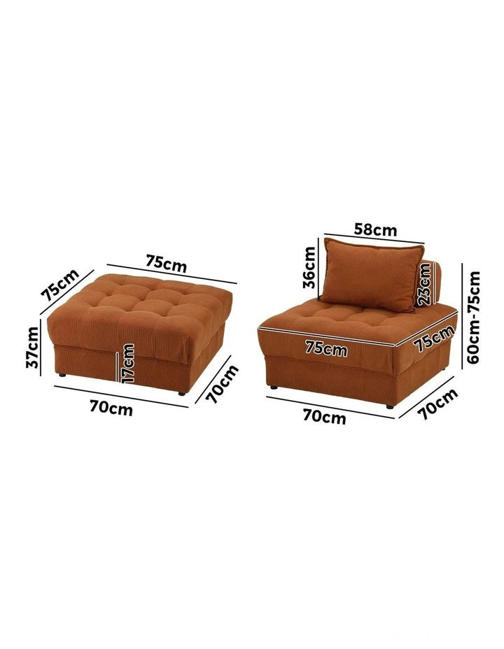 Oikiture 6 Seater Velvet Modular Sofa & Ottoman Set Armless TOFU Back Brown image 3