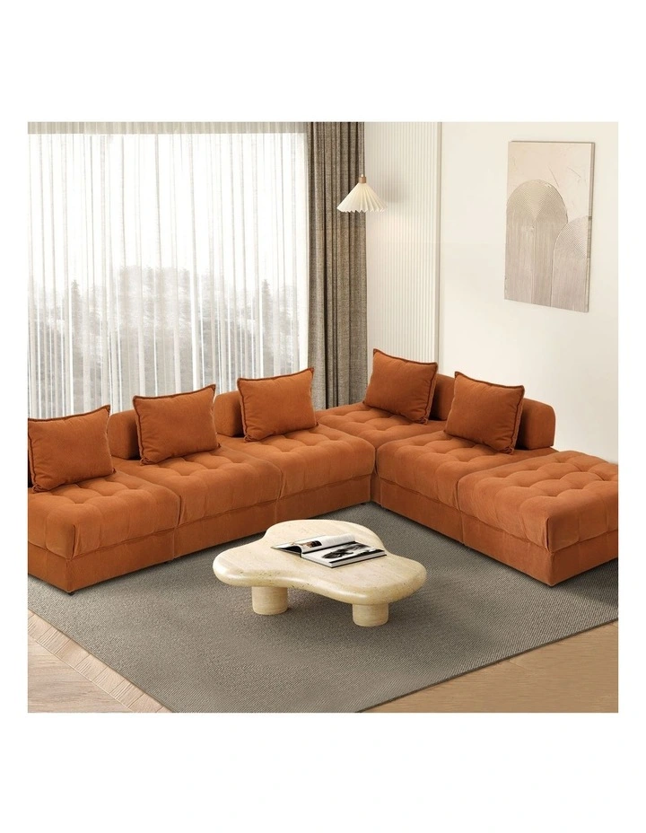 Oikiture 6 Seater Velvet Modular Sofa & Ottoman Set Armless TOFU Back Brown image 4
