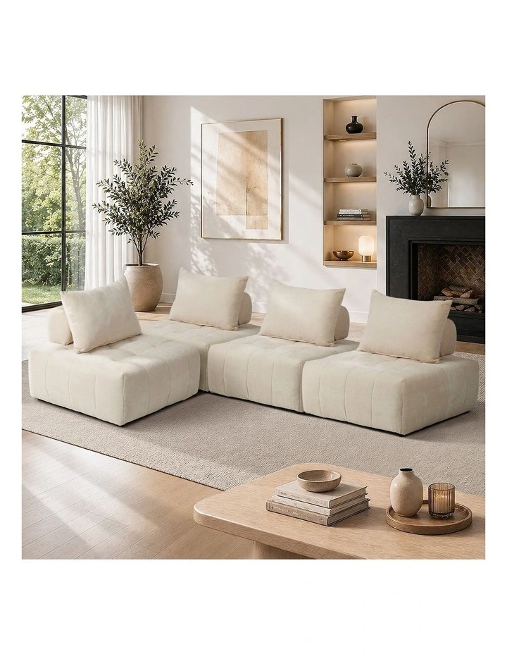 Oikiture 4x Chenille Modular Sofa Floor Lounge Chair w/Pillow TOFU Armless Beige image 4