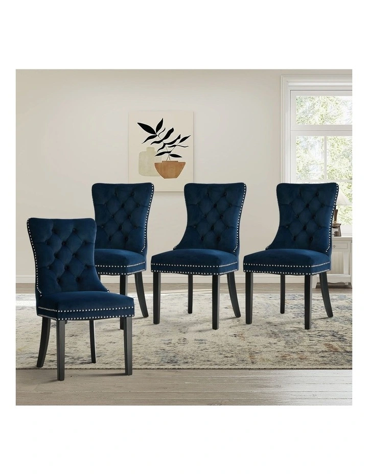 Oikiture 4x Velvet Dining Chairs Upholstered French Provincial Tufted Blue image 4