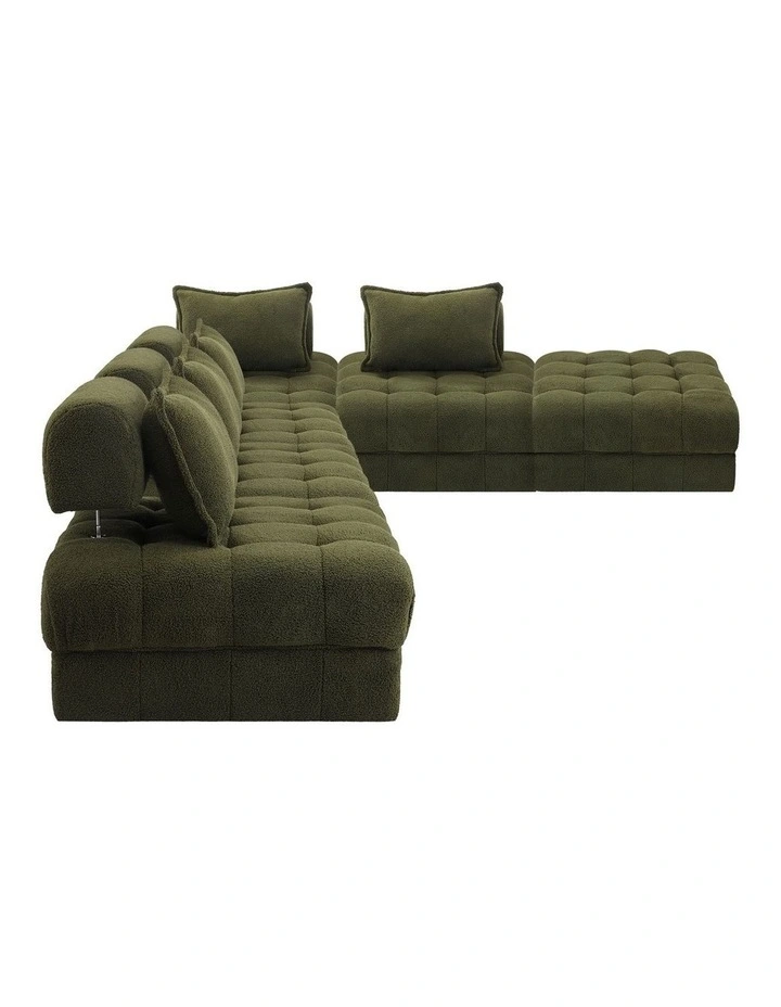 Oikiture 6 Seater Boucle Modular Sofa & Ottoman Set Armless TOFU Back Green image 2