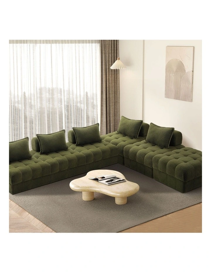 Oikiture 6 Seater Boucle Modular Sofa & Ottoman Set Armless TOFU Back Green image 4