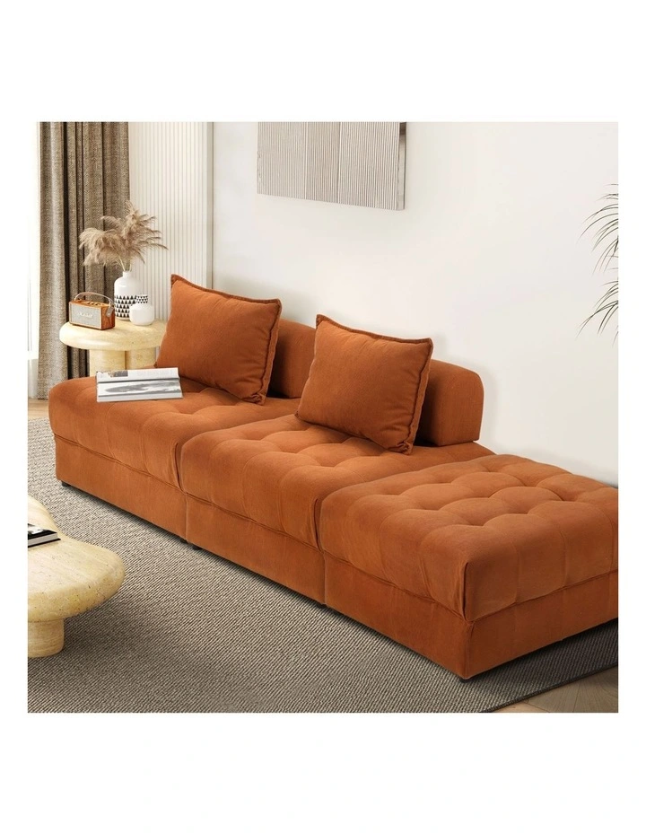 Oikiture 3 Seater Velvet Modular Sofa & Ottoman Set Armless TOFU Back Brown image 4
