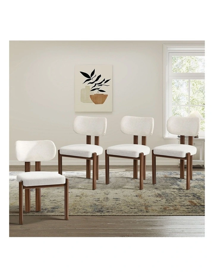 Oikiture Set of 4 Dining Chairs Linen Fabric Kitchen Padded Seat Beige&Brown image 4