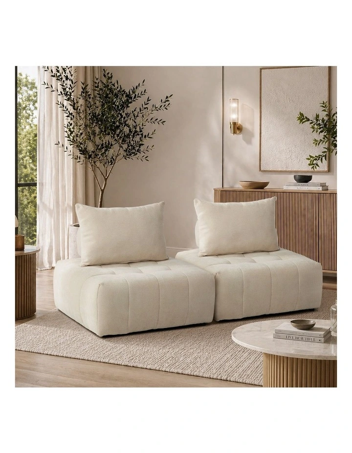 Oikiture 2x Chenille Modular Sofa Floor Lounge Chair w/Pillow TOFU Armless Beige image 4