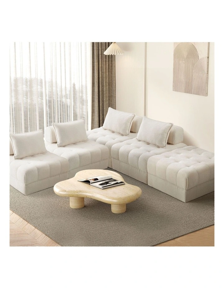 Oikiture 5 Seater Boucle Modular Sofa & Ottoman Set Armless TOFU Back White image 4