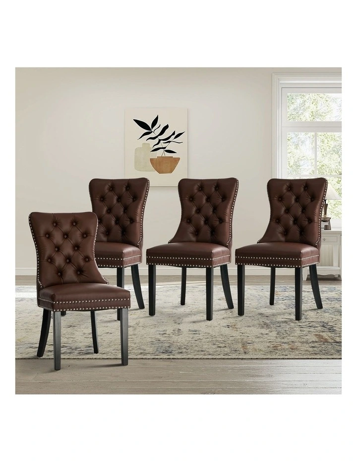 Oikiture 4x Dining Chairs Upholstered French Provincial Tufted PU Leather Brown image 4