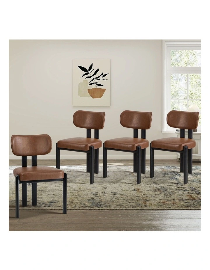 Oikiture Set of 4 Dining Chairs Faux Leather Fabric Kitchen Chair Padded Seat Brown image 4