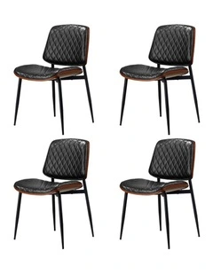 Oikiture 4x Dining Chairs Retro Faux Leather Solid Beech Wood Metal Legs Black