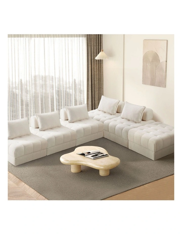 Oikiture 6 Seater Boucle Modular Sofa & Ottoman Set Armless TOFU Back White image 4