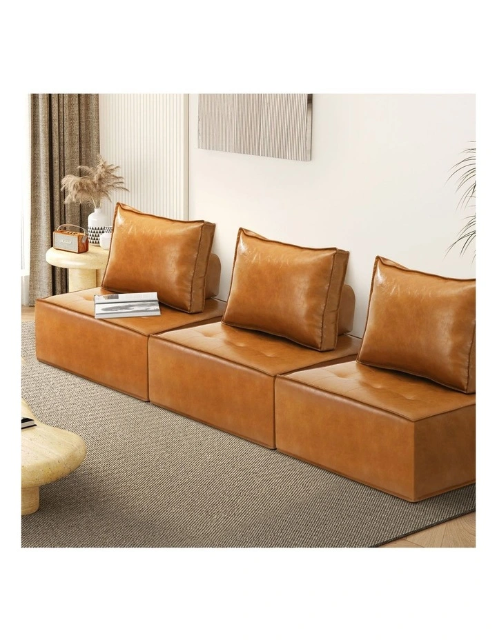 Oikiture 3PC Modular Sofa Lounge Chair Armless TOFU Back PU Leather Brown image 4