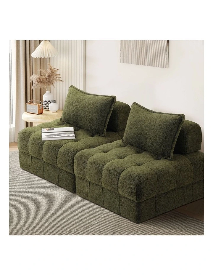 Oikiture 2 Seater Boucle Modular Sofa Lounge Chair Armless TOFU Back Green image 4