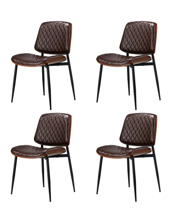 Oikiture 4x Dining Chairs Retro Faux Leather Solid Beech Wood Metal Legs Walnut image 1