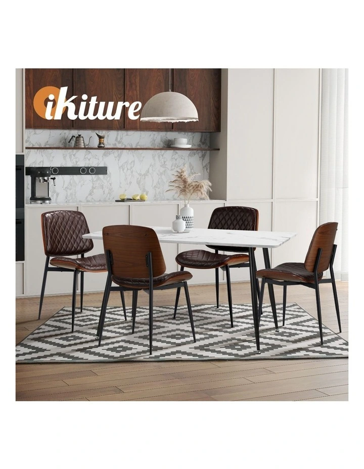 Oikiture 4x Dining Chairs Retro Faux Leather Solid Beech Wood Metal Legs Walnut image 6