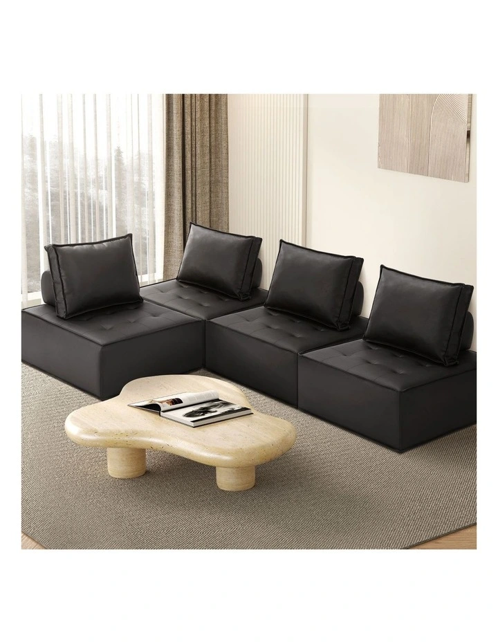 Oikiture 4PC Modular Sofa Lounge Chair Armless TOFU Back PU Leather Black image 4
