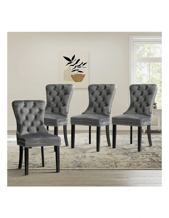 Oikiture 4x Velvet Dining Chairs Upholstered French Provincial Tufted Grey image 4