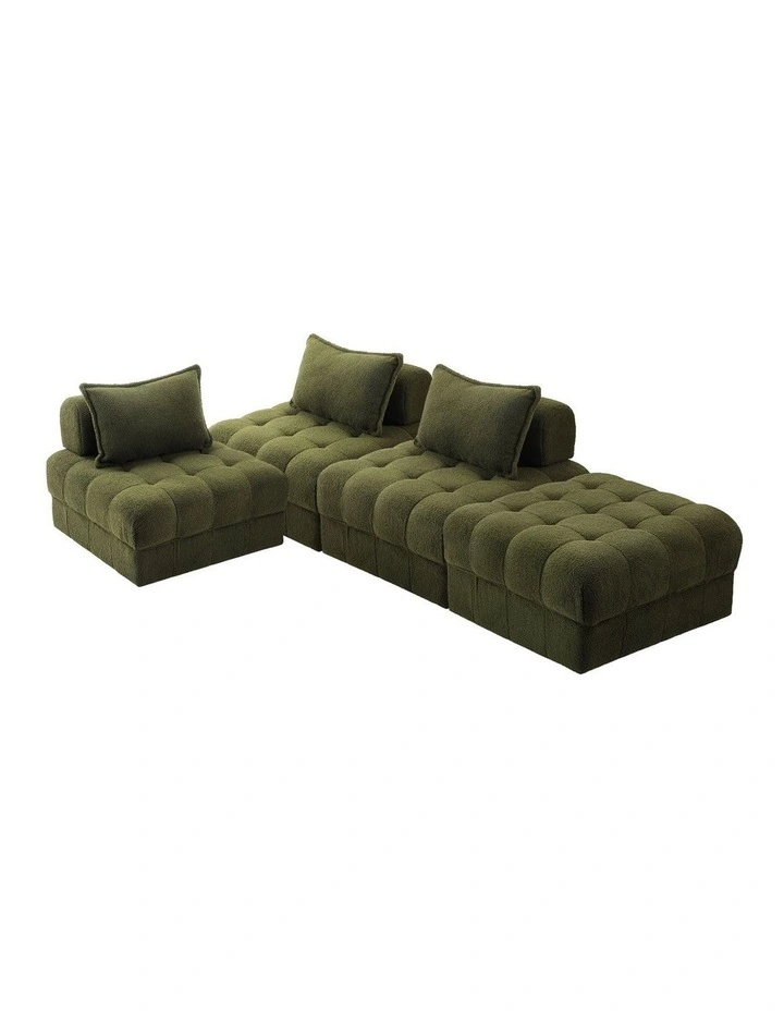 Oikiture 4 Seater Boucle Modular Sofa & Ottoman Set Armless TOFU Back Green image 1