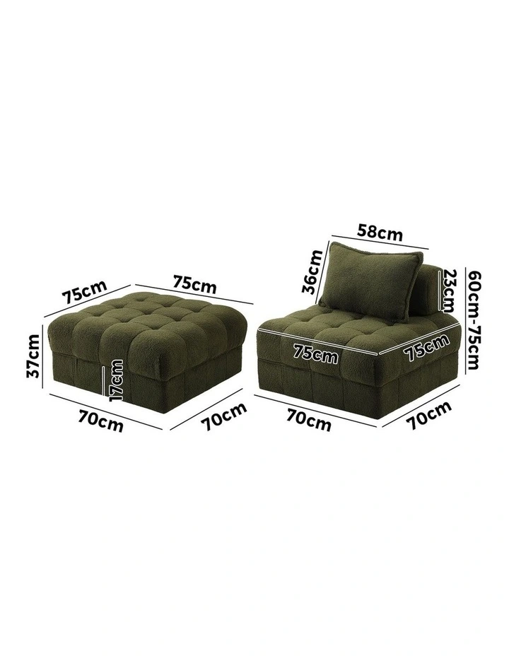 Oikiture 4 Seater Boucle Modular Sofa & Ottoman Set Armless TOFU Back Green image 3