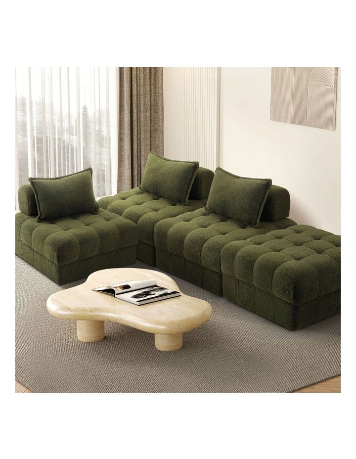 Oikiture 4 Seater Boucle Modular Sofa & Ottoman Set Armless TOFU Back Green image 4
