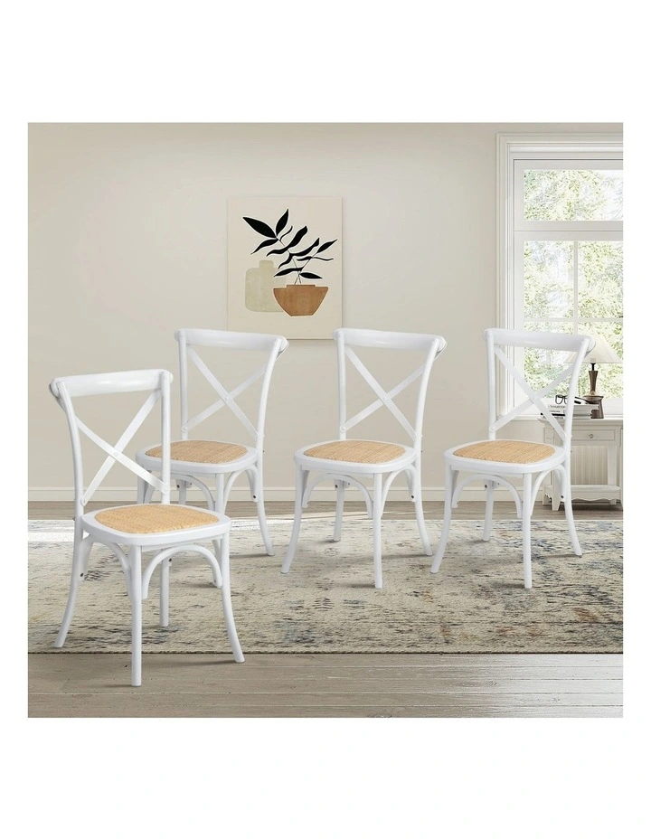 Oikiture 4PCS Crossback Dining Chair Solid Birch Timber Wood Ratan Seat White image 4