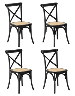 Oikiture 4PCS Crossback Dining Chair Solid Birch Timber Wood Ratan Seat Black