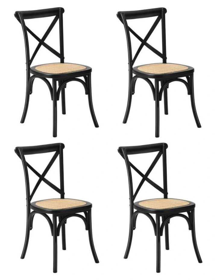 Oikiture 4PCS Crossback Dining Chair Solid Birch Timber Wood Ratan Seat Black image 1
