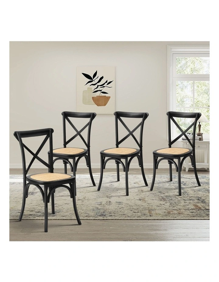 Oikiture 4PCS Crossback Dining Chair Solid Birch Timber Wood Ratan Seat Black image 4