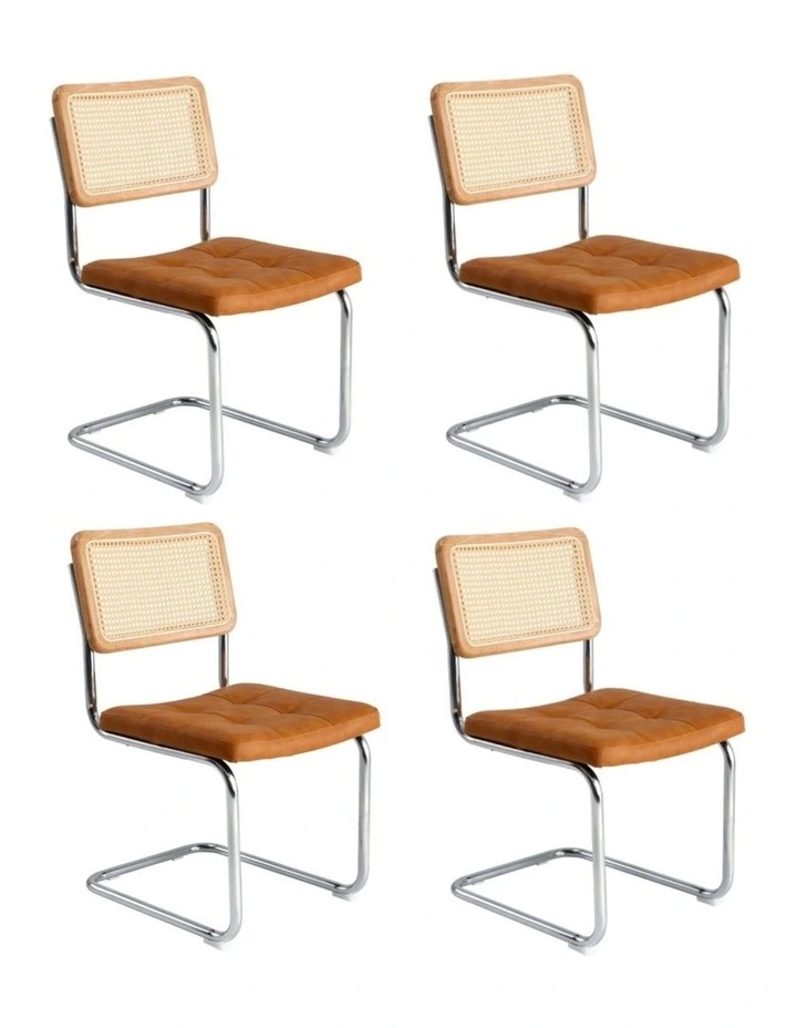 Oikiture 4x Rattan Dining Chair Cesca Replica Cantilever PU Leather Padded Brown image 1