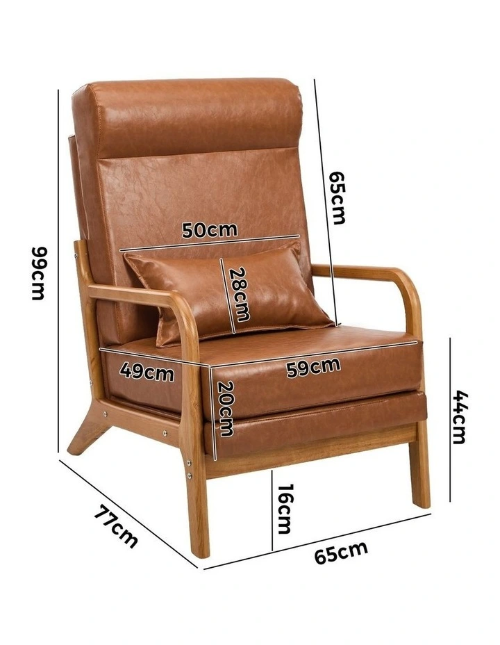 Oikiture 2x Armchair PU Leather Lounge Chair with Lumbar Pillow Brown image 3