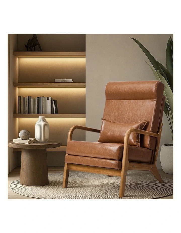Oikiture 2x Armchair PU Leather Lounge Chair with Lumbar Pillow Brown image 5