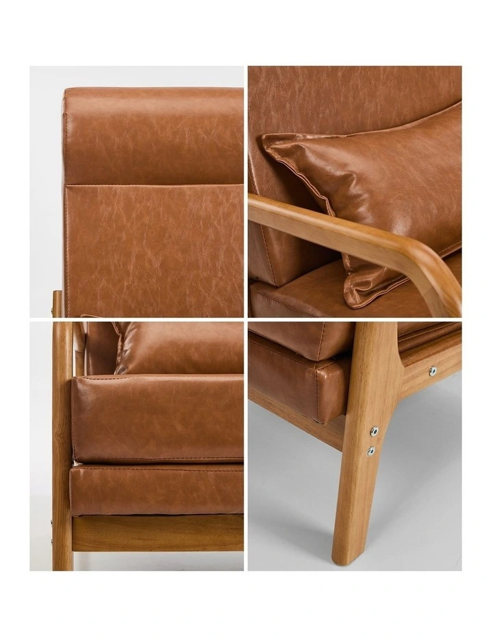 Oikiture 2x Armchair PU Leather Lounge Chair with Lumbar Pillow Brown image 6