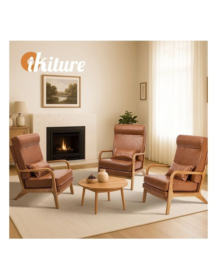 Oikiture 2x Armchair PU Leather Lounge Chair with Lumbar Pillow Brown image 7
