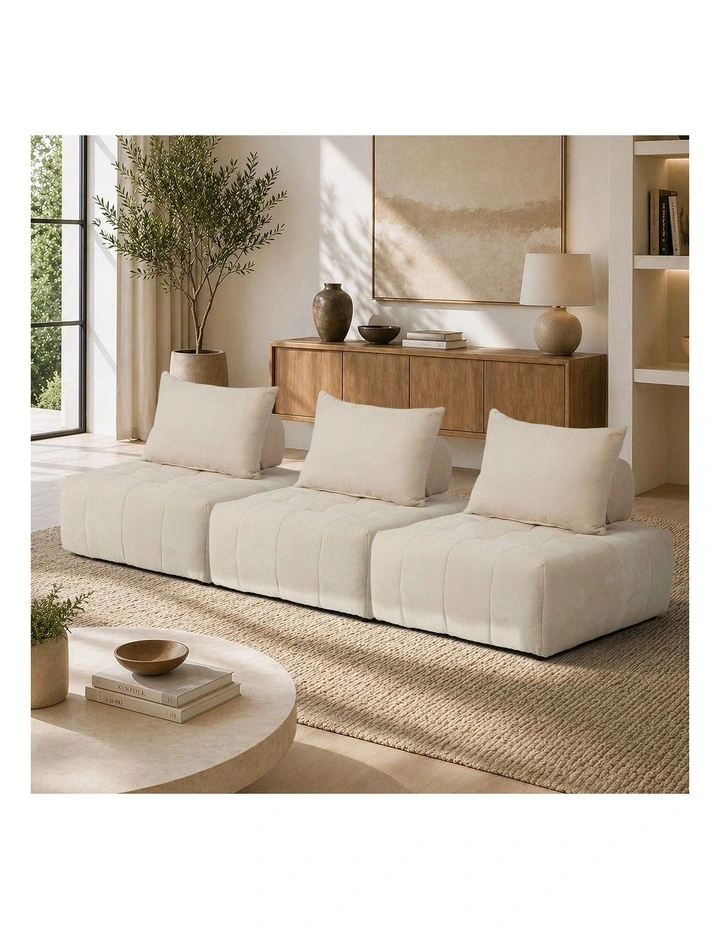 Oikiture 3x Chenille Modular Sofa Floor Lounge Chair w/Pillow TOFU Armless Beige image 4