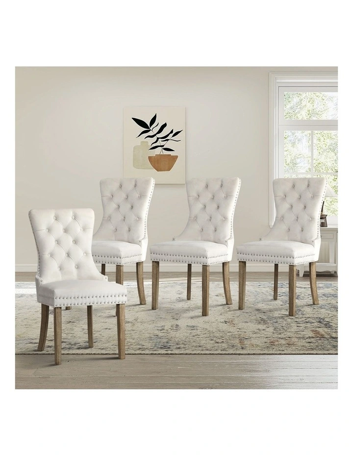 Oikiture 4x Velvet Dining Chairs Upholstered French Provincial Tufted Beige image 4