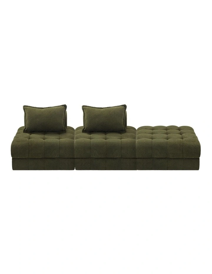Oikiture 3 Seater Boucle Modular Sofa & Ottoman Set Armless TOFU Back Green image 2