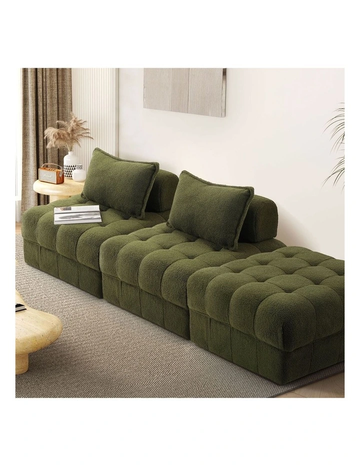 Oikiture 3 Seater Boucle Modular Sofa & Ottoman Set Armless TOFU Back Green image 4