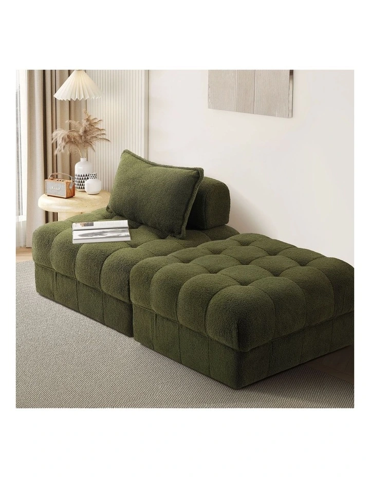 Oikiture 2 Seater Boucle Modular Sofa & Ottoman Set Armless TOFU Back Green image 4