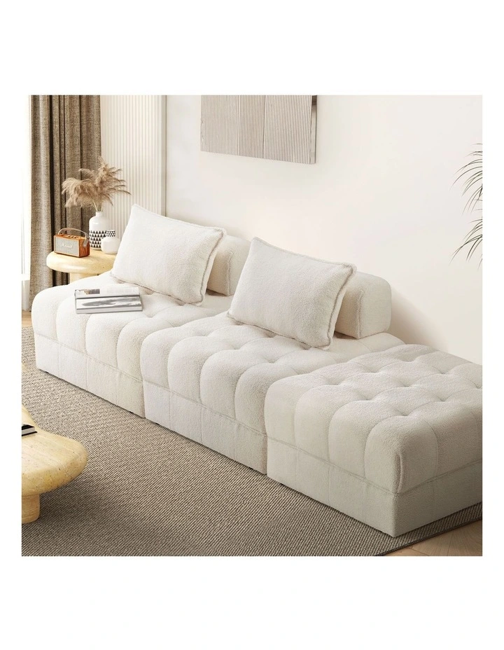 Oikiture 3 Seater Boucle Modular Sofa & Ottoman Set Armless TOFU Back White image 4