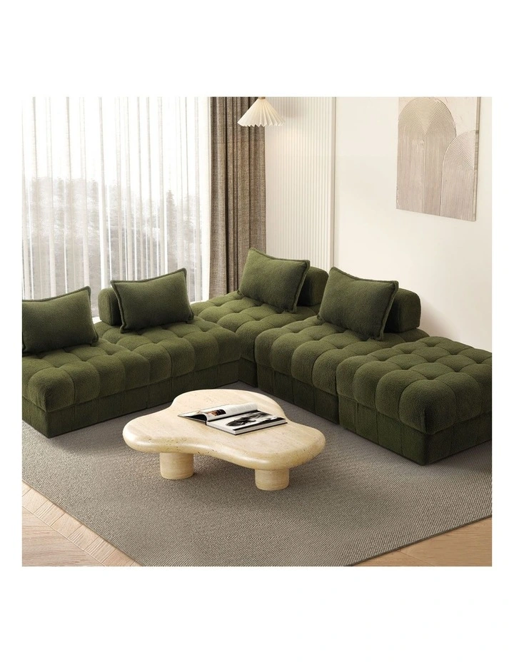 Oikiture 5 Seater Boucle Modular Sofa & Ottoman Set Armless TOFU Back Green image 4