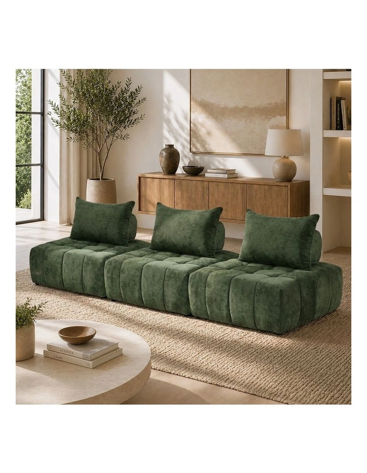 Oikiture 3x Chenille Modular Sofa Floor Lounge Chair w/Pillow TOFU Armless Green image 4