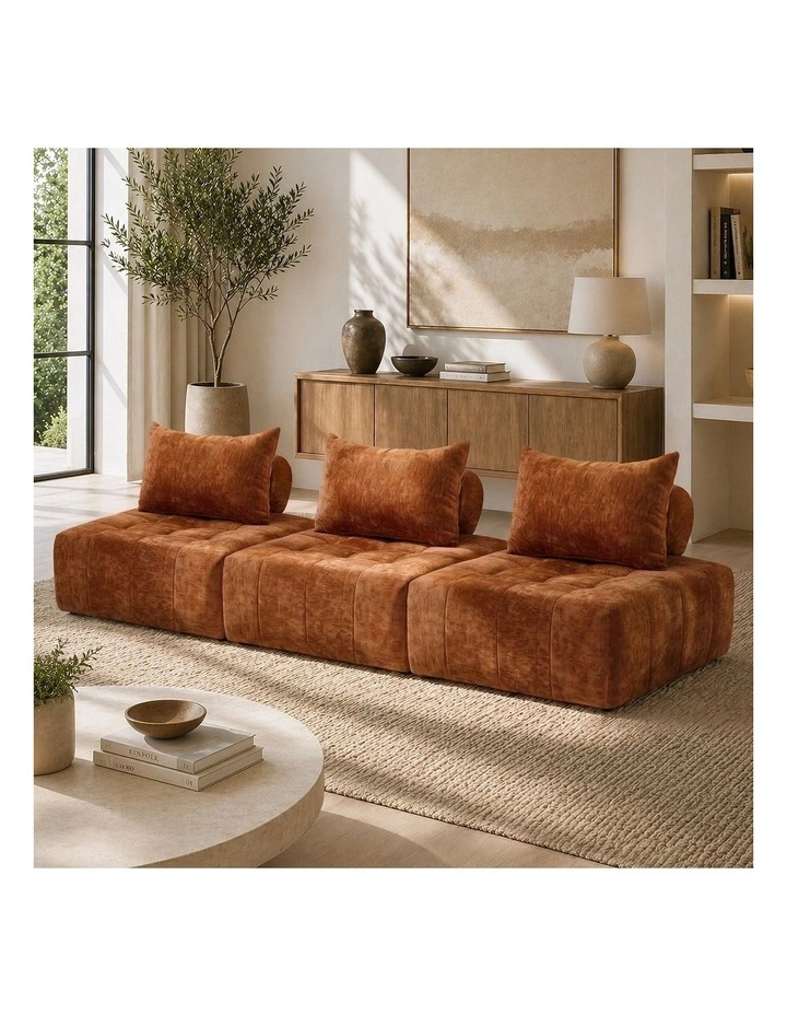 Oikiture 3x Chenille Modular Sofa Floor Lounge Chair w/Pillow TOFU Armless Brown image 4