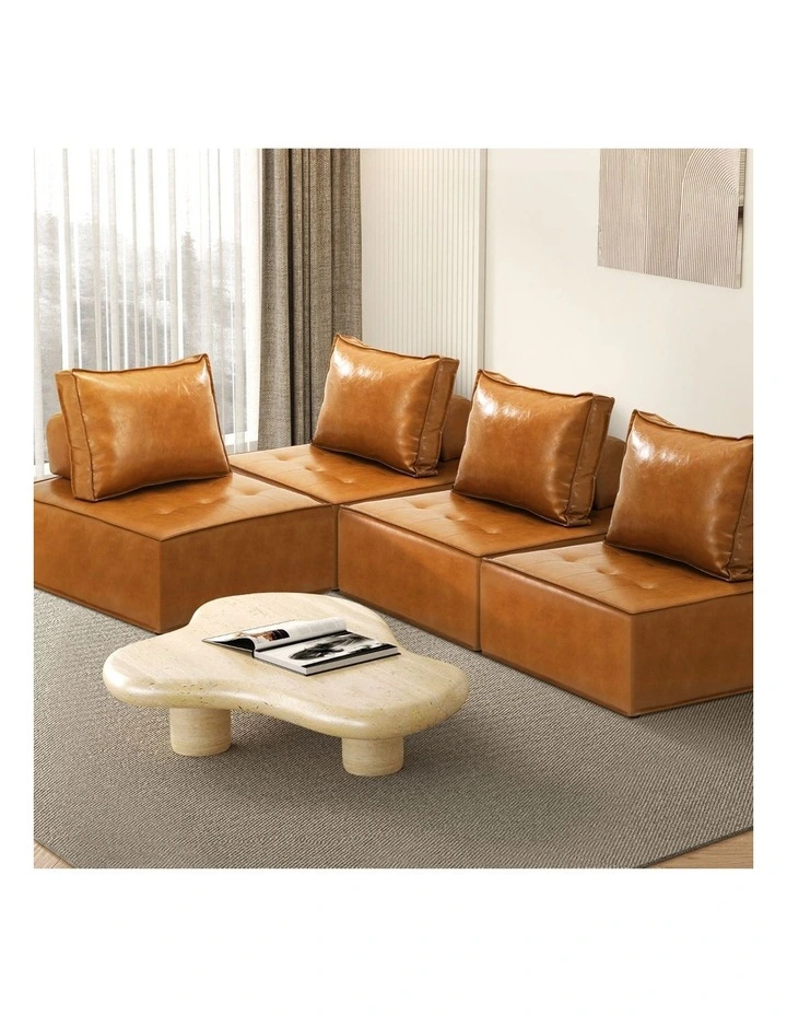 Oikiture 4PC Modular Sofa Lounge Chair Armless TOFU Back PU Leather Brown image 4