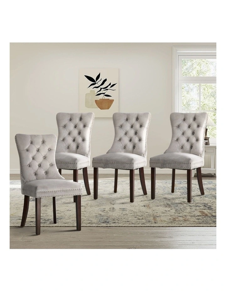 Oikiture 4x Velvet Dining Chairs Upholstered French Provincial Tufted Light Grey image 4