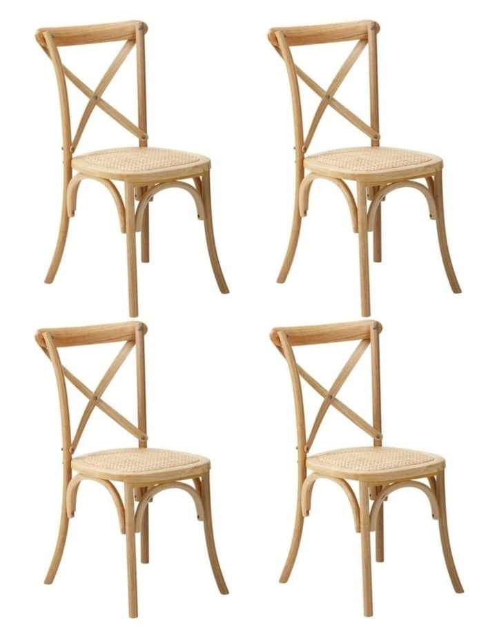 Oikiture 4PCS Crossback Dining Chair Solid Birch Timber Wood Ratan Seat Natural image 1