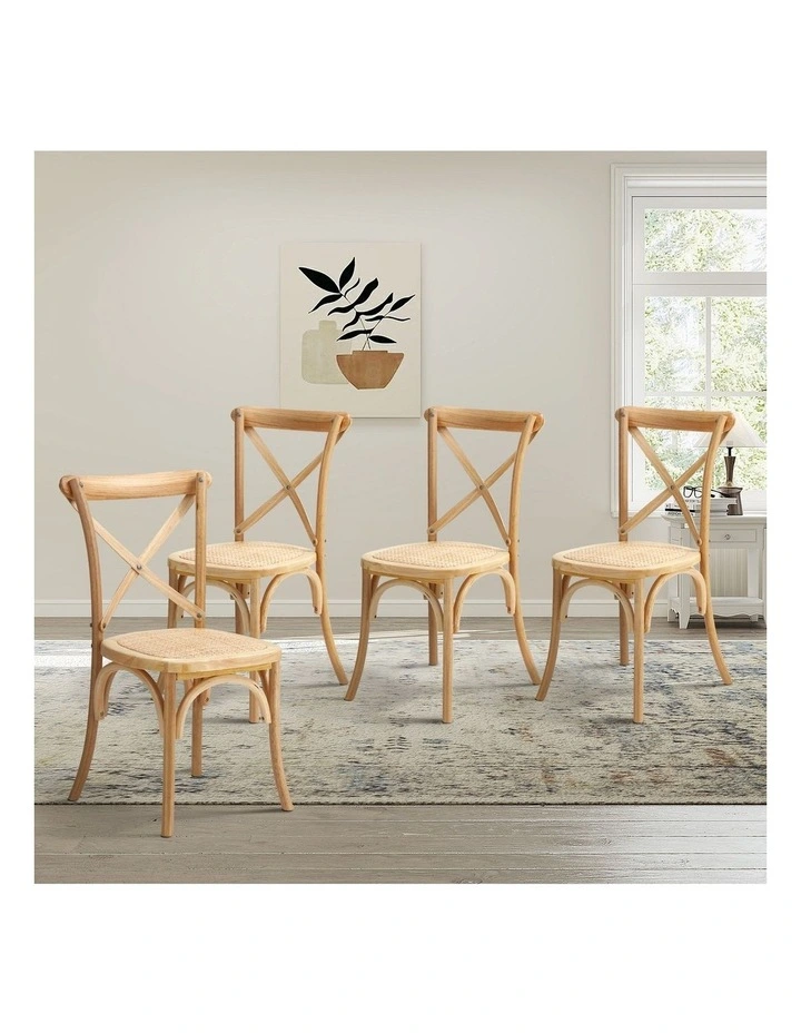 Oikiture 4PCS Crossback Dining Chair Solid Birch Timber Wood Ratan Seat Natural image 4