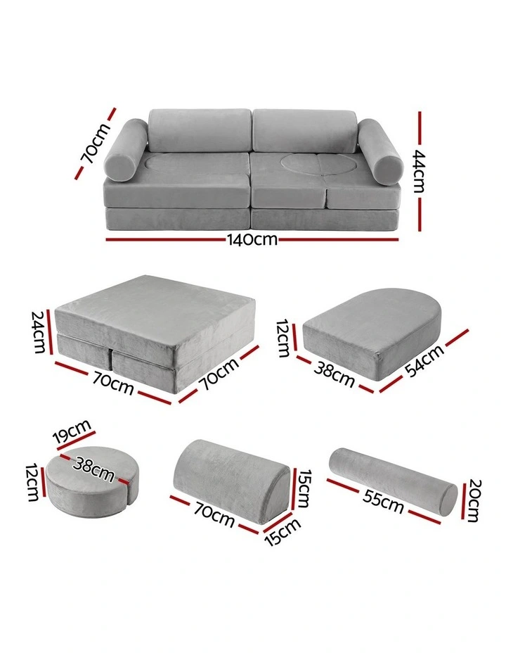 Keezi 12PCS Modular Kids Play Couch Foam Sofa Set with Removable Washable Cover Grey Playroom image 2