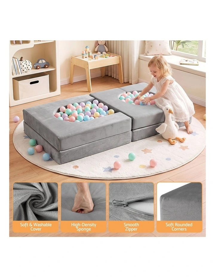 Keezi 12PCS Modular Kids Play Couch Foam Sofa Set with Removable Washable Cover Grey Playroom image 4